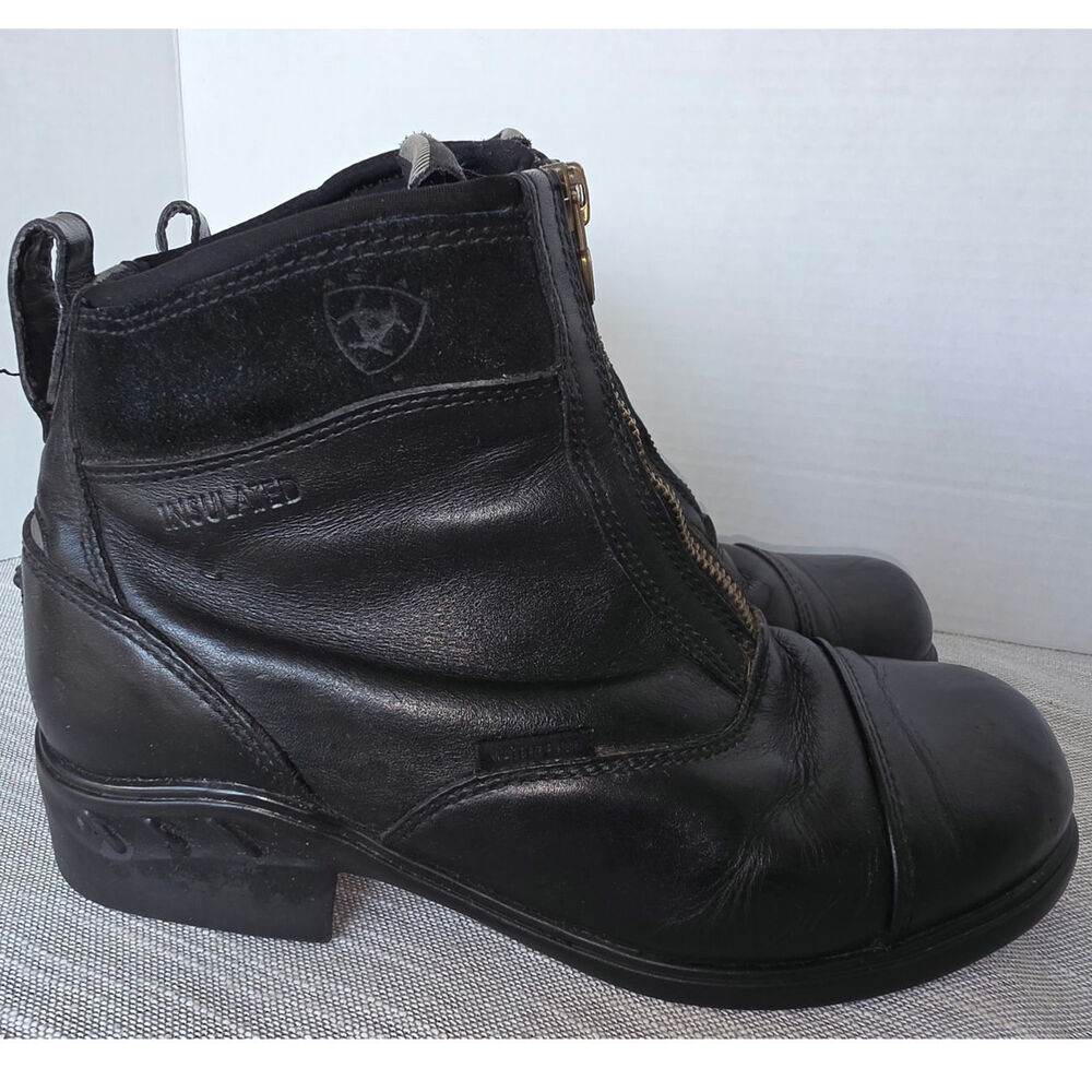 Black Leather Ariat Front-zip Insulated Paddock Boot Cap Toe Stamped Collar Logo